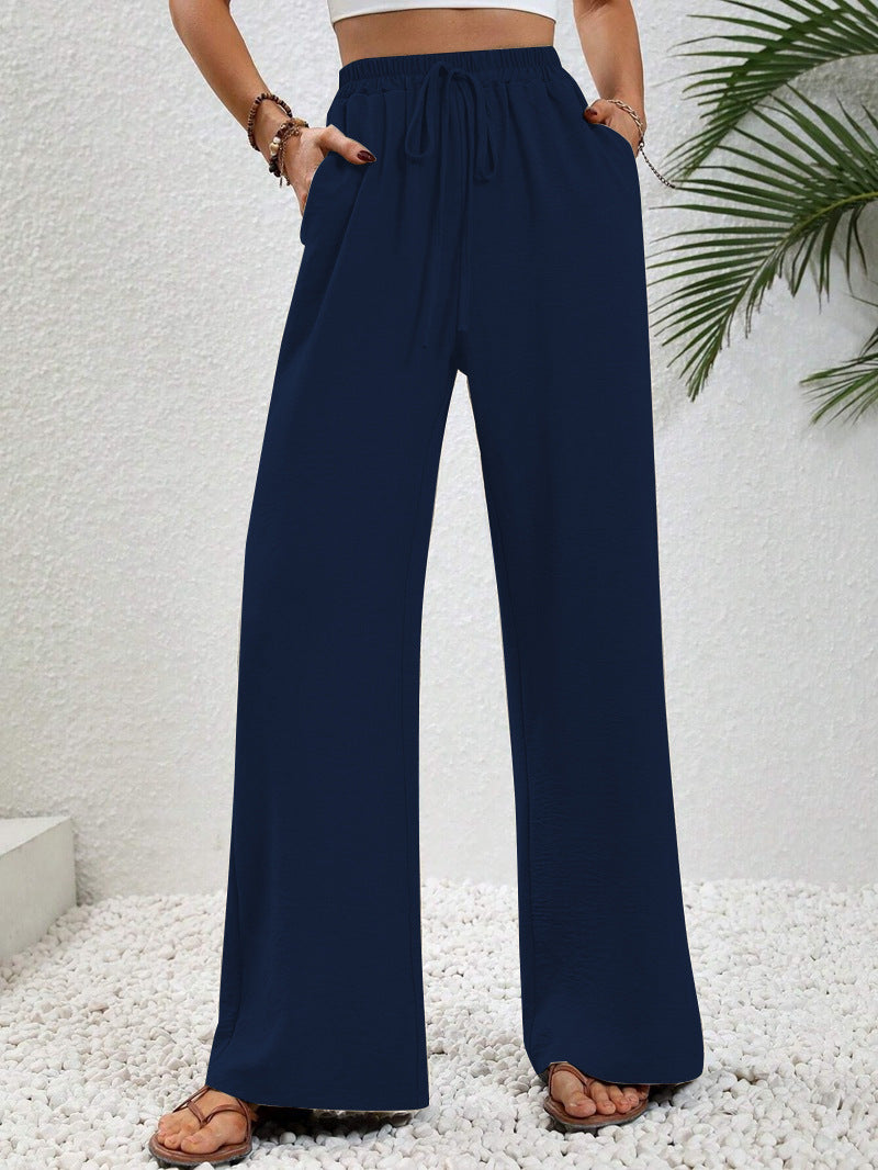 Pantalon palazzo d’été pour femme à taille haute – Modèle léger à jambes larges avec cordon de serrage et poches