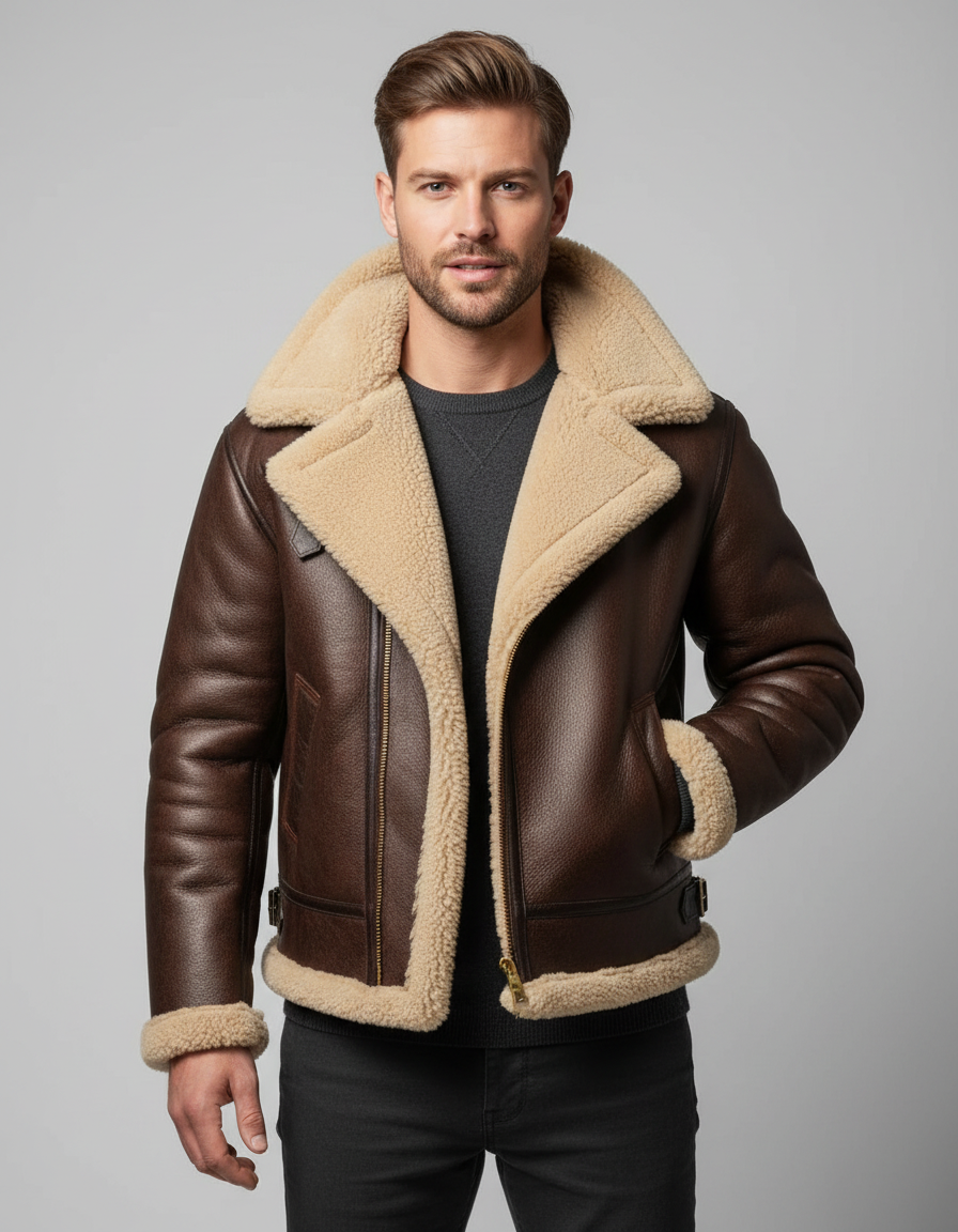ANFINITE - Herre pilotjakke i lammeskind med pelskrave