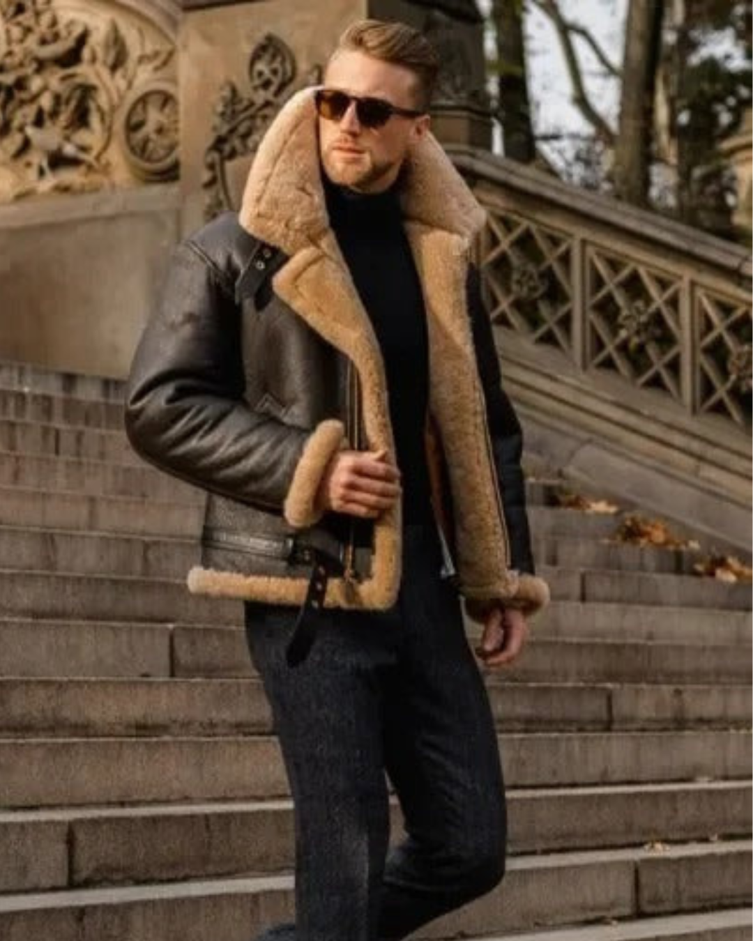 ANFINITE - Herre pilotjakke i lammeskind med pelskrave