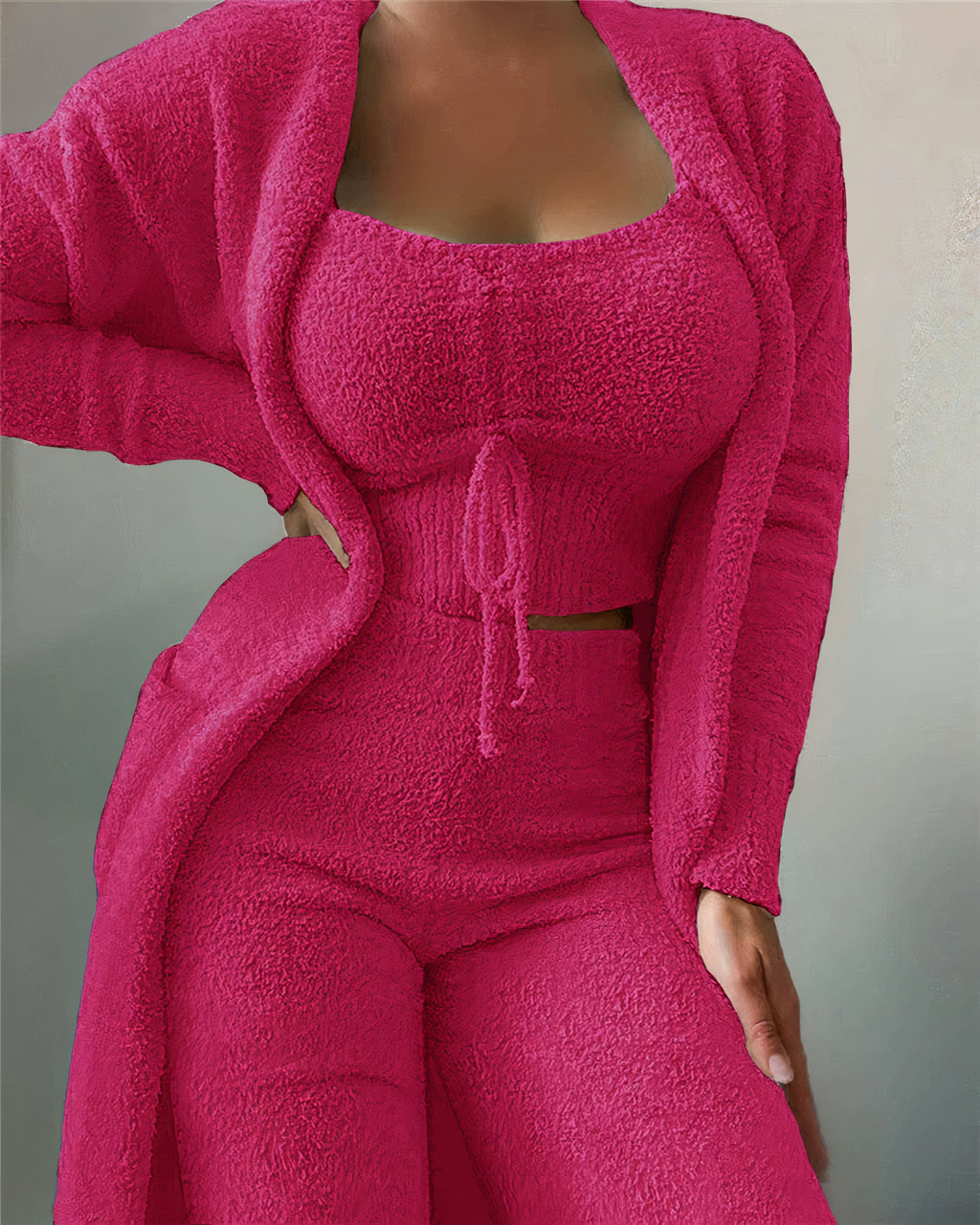 Completo Lounge Donna in Fleece con Top, Cardigan e Pantaloni