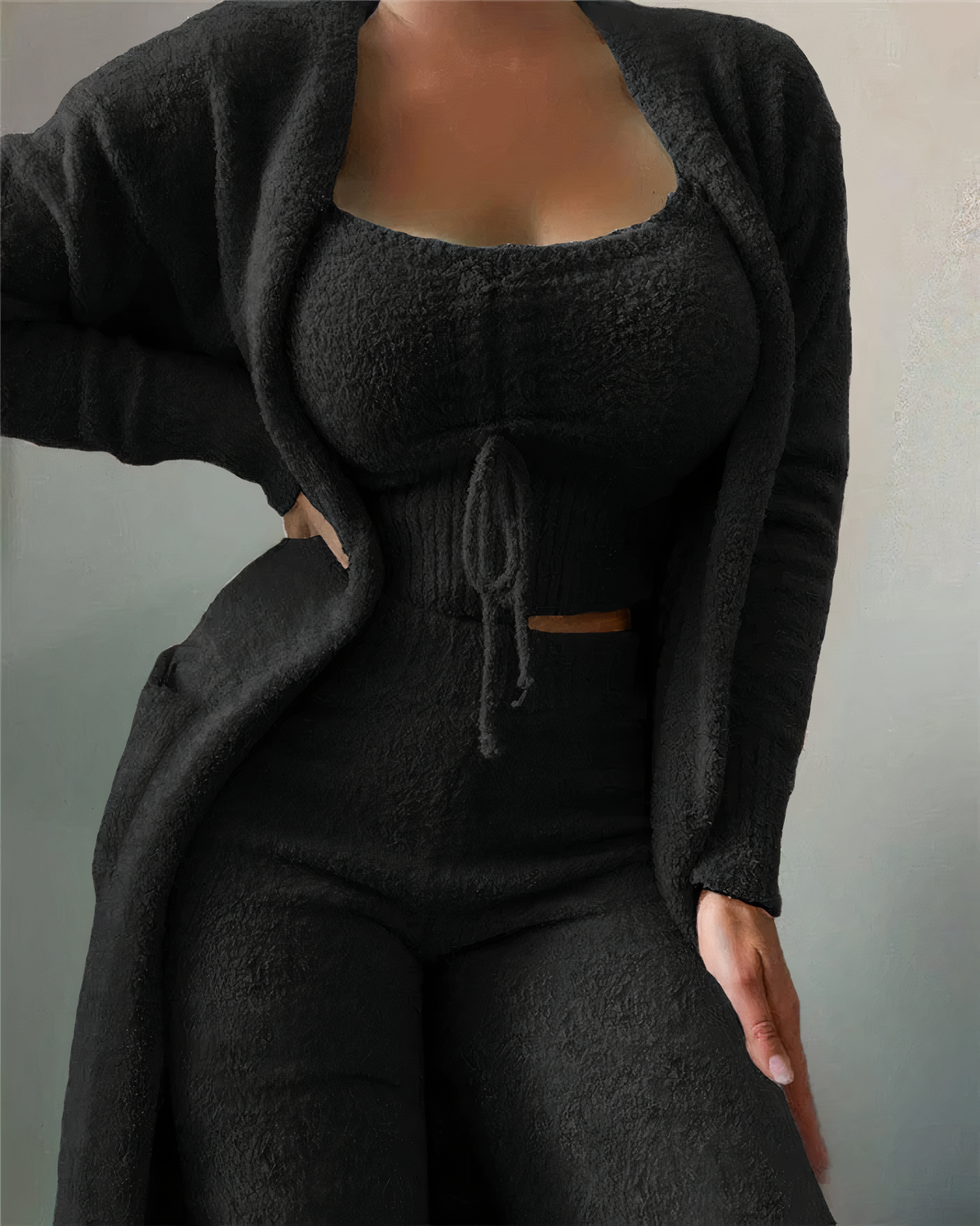 Completo Lounge Donna in Fleece con Top, Cardigan e Pantaloni