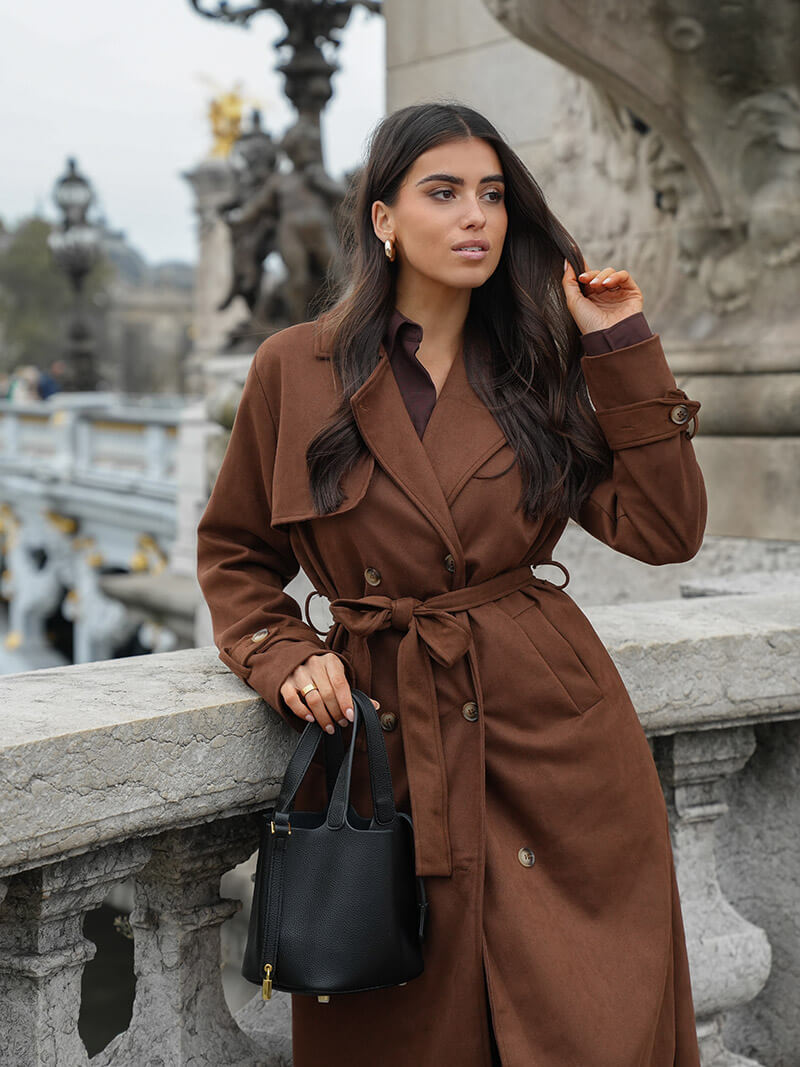 Trench maxi pour femme en imitation daim avec ceinture