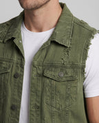 Gilet Uomo in Denim Effetto Vintage con Bordi Sfrangiati – Modello Smanicato con Bottoni Streetwear
