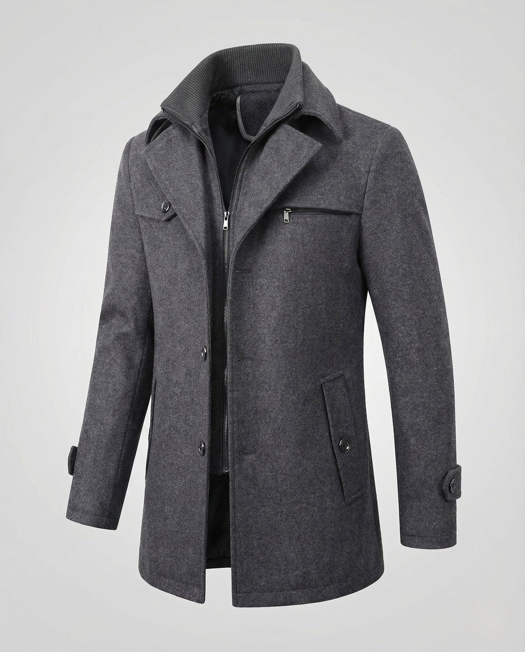 Manteau élégant pour homme avec double col et fermeture éclair intérieure - veste longue structurée pour le bureau et le soir