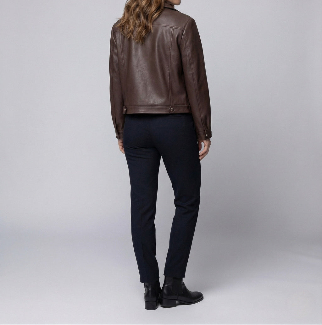 Veste biker pour femme en similicuir avec fermeture éclair asymétrique – Modèle oversize court et moderne