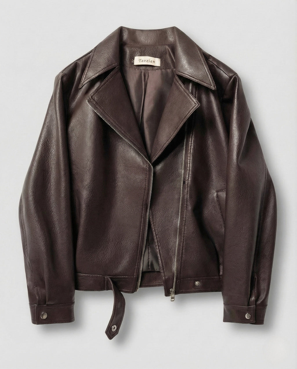 Veste biker pour femme en similicuir avec fermeture éclair asymétrique – Modèle oversize court et moderne