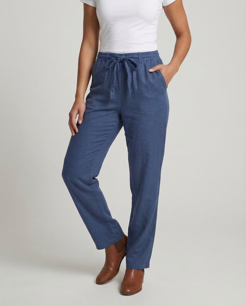 Pantaloni Donna in Misto Lino a Gamba Dritta – Modello Estivo con Vita Elasticizzata e Cintura da Annodare