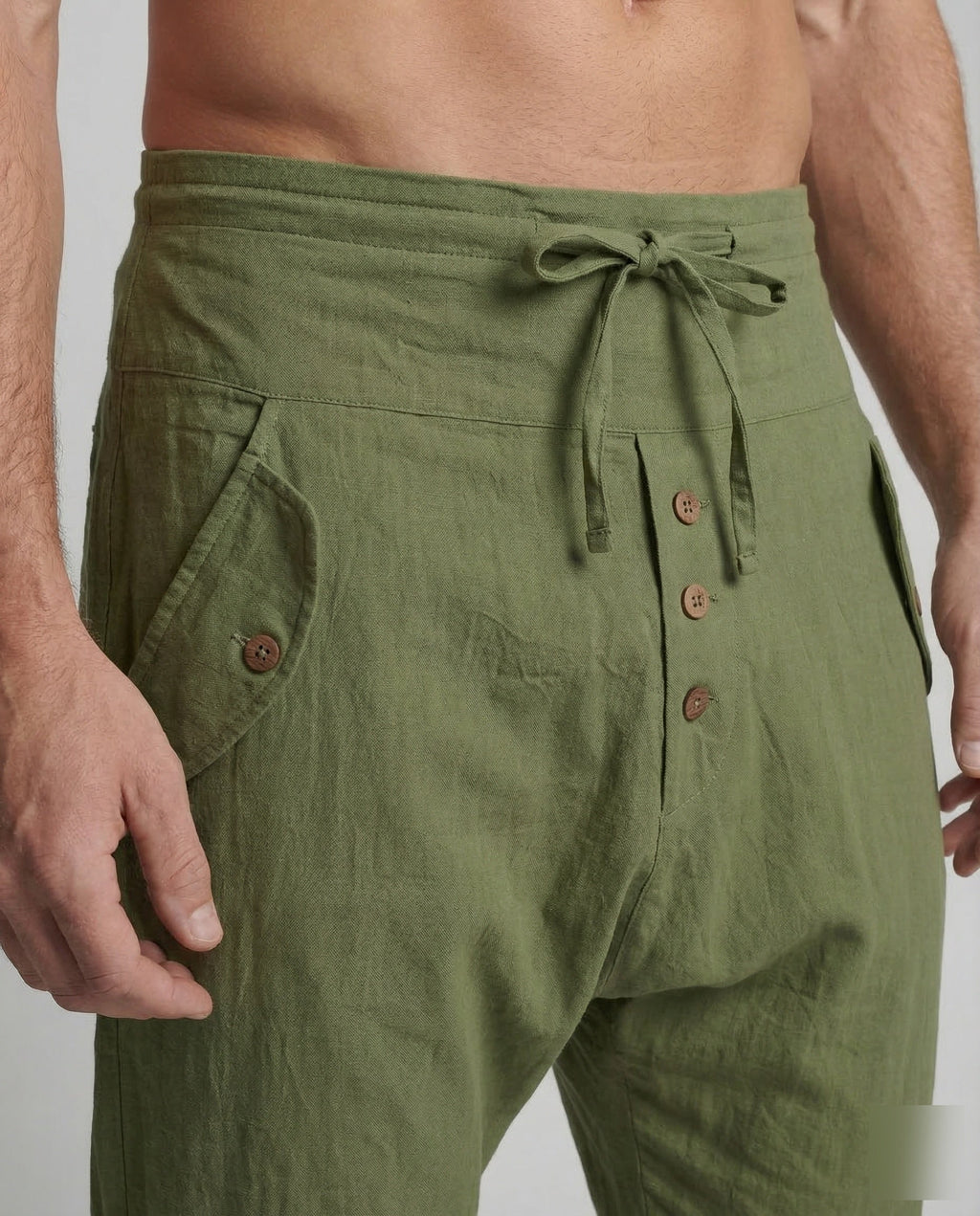 Pantalones harem para hombre de tiro bajo – Modelo casual de verano con cordón ajustable y bolsillos cargo