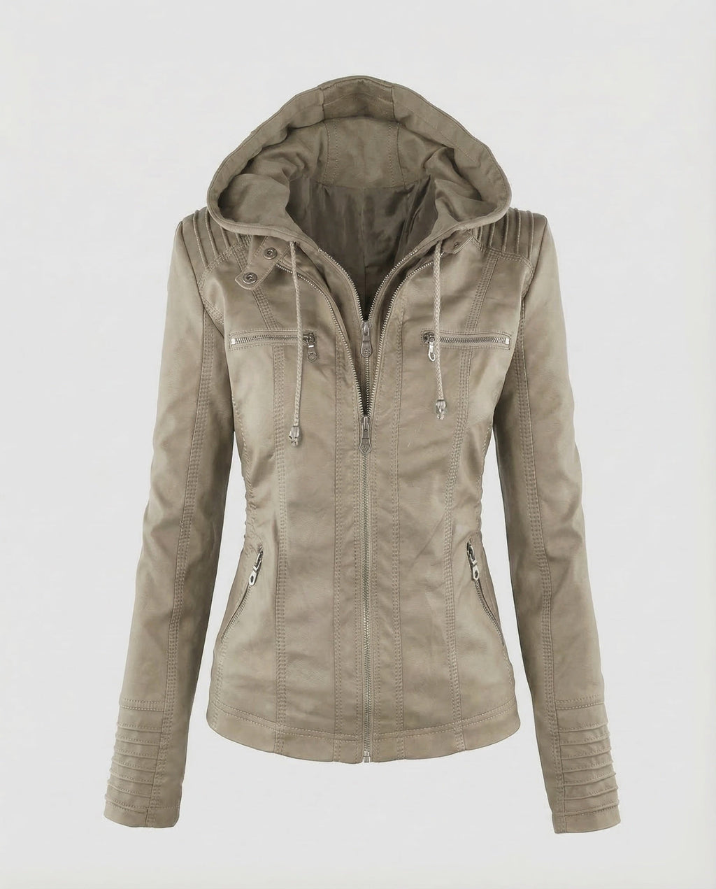 Chaqueta biker de mujer de cuero sintético con capucha – Modelo entallado con cremallera y detalles acolchados