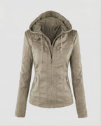 Chaqueta biker de mujer de cuero sintético con capucha – Modelo entallado con cremallera y detalles acolchados