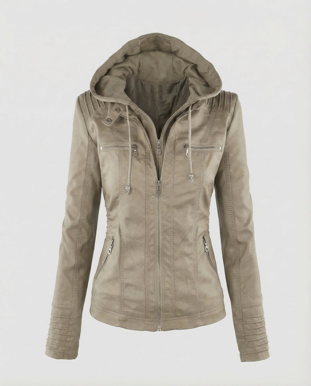 Chaqueta biker de mujer de cuero sintético con capucha – Modelo entallado con cremallera y detalles acolchados