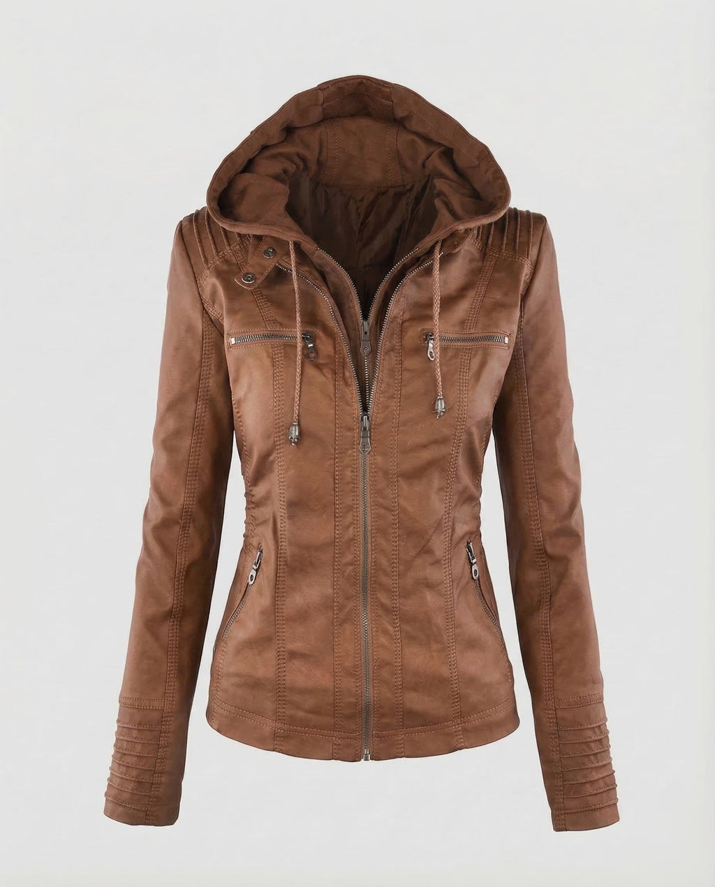 Chaqueta biker de mujer de cuero sintético con capucha – Modelo entallado con cremallera y detalles acolchados