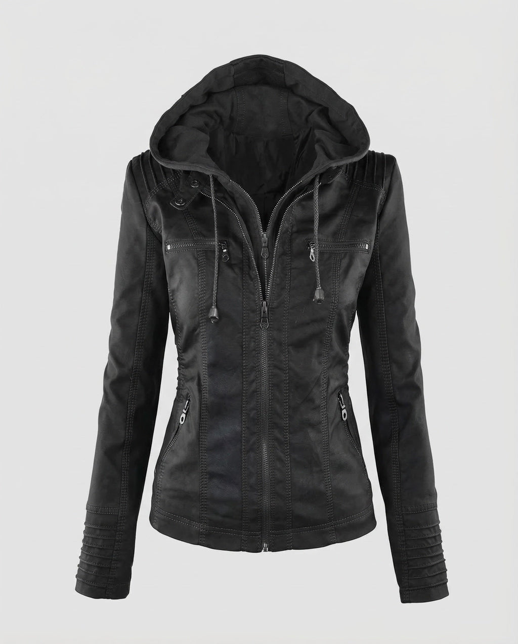 Chaqueta biker de mujer de cuero sintético con capucha – Modelo entallado con cremallera y detalles acolchados