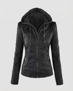 Chaqueta biker de mujer de cuero sintético con capucha – Modelo entallado con cremallera y detalles acolchados