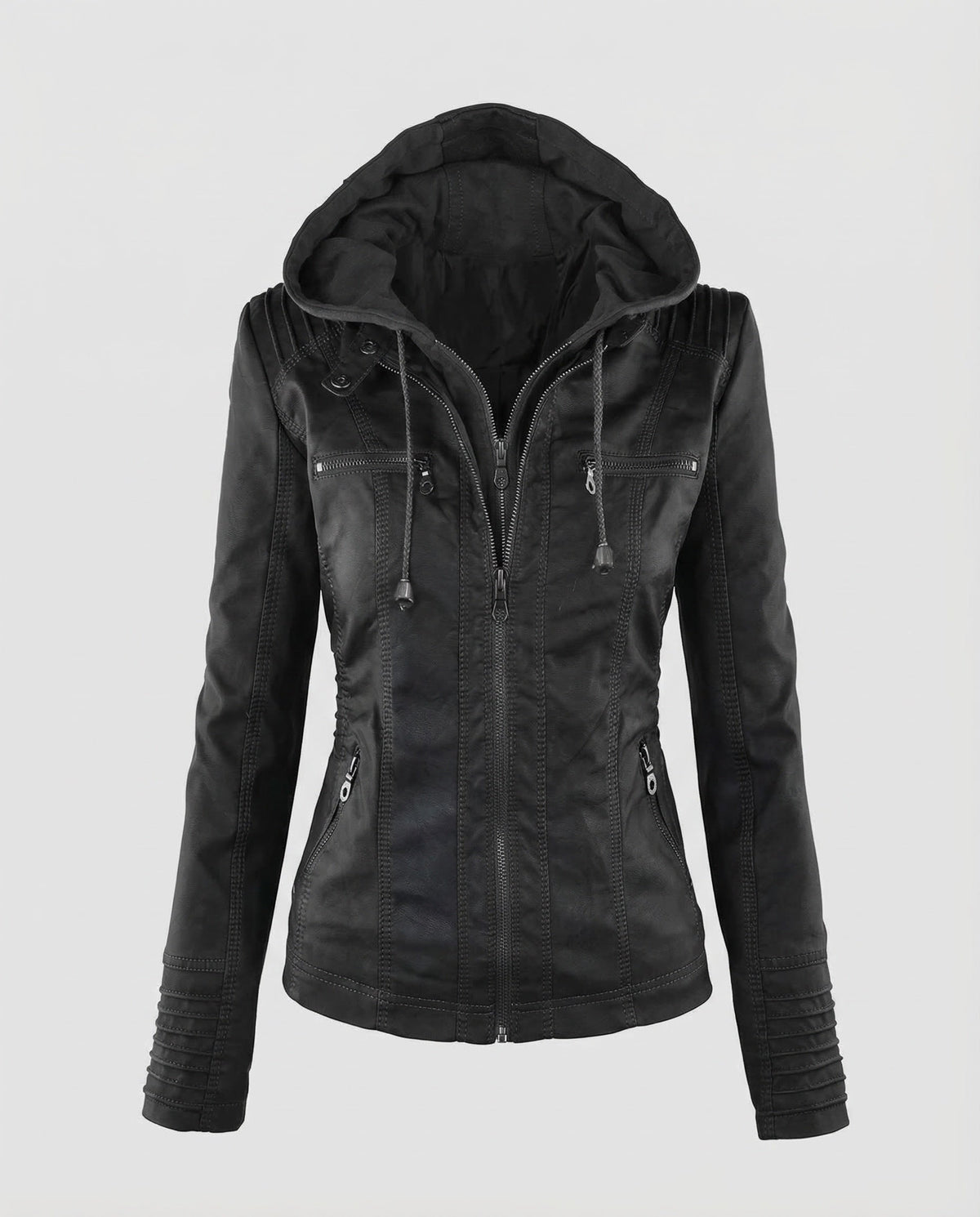 Chaqueta biker de mujer de cuero sintético con capucha – Modelo entallado con cremallera y detalles acolchados