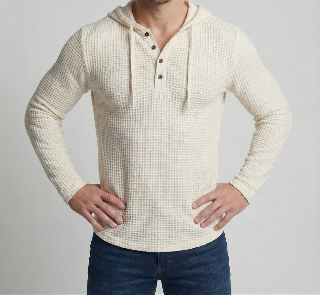 Sudadera de hombre ajustada de punto gofrado con capucha – Modelo Henley con botones y mangas largas