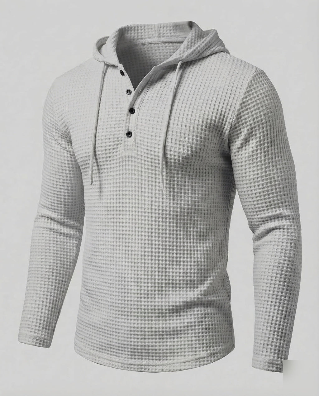 Sudadera de hombre ajustada de punto gofrado con capucha – Modelo Henley con botones y mangas largas