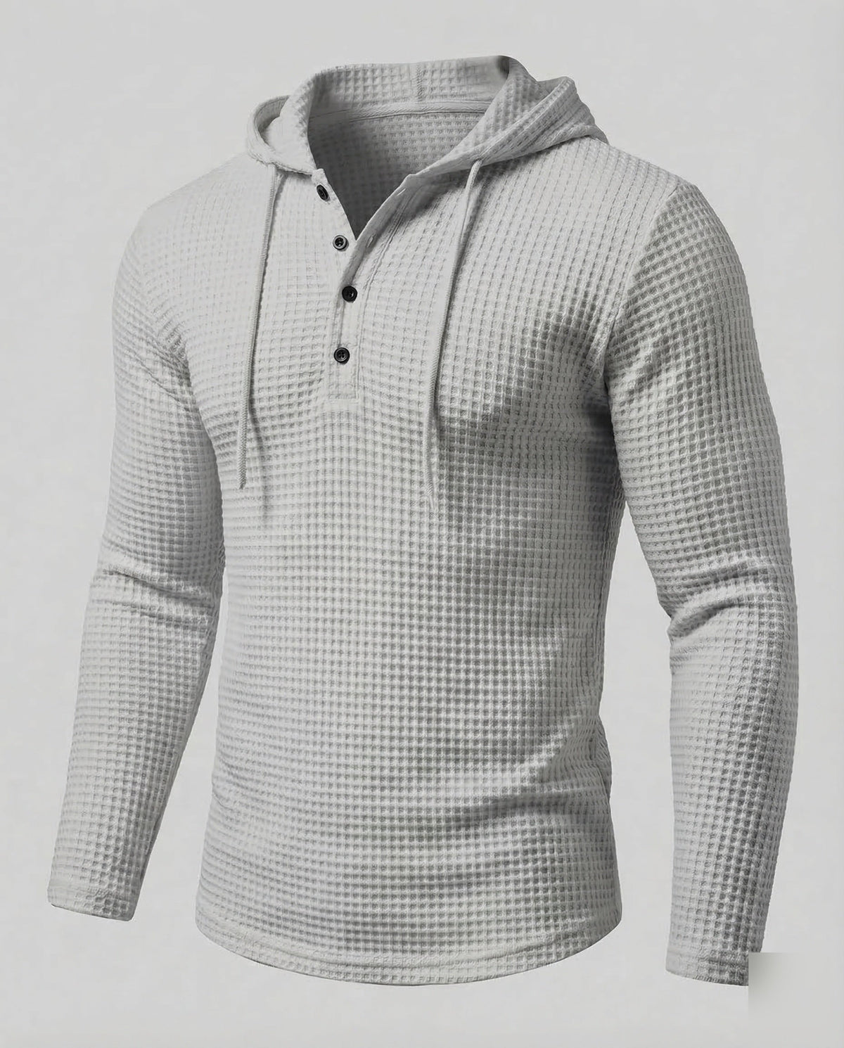 Sudadera de hombre ajustada de punto gofrado con capucha – Modelo Henley con botones y mangas largas