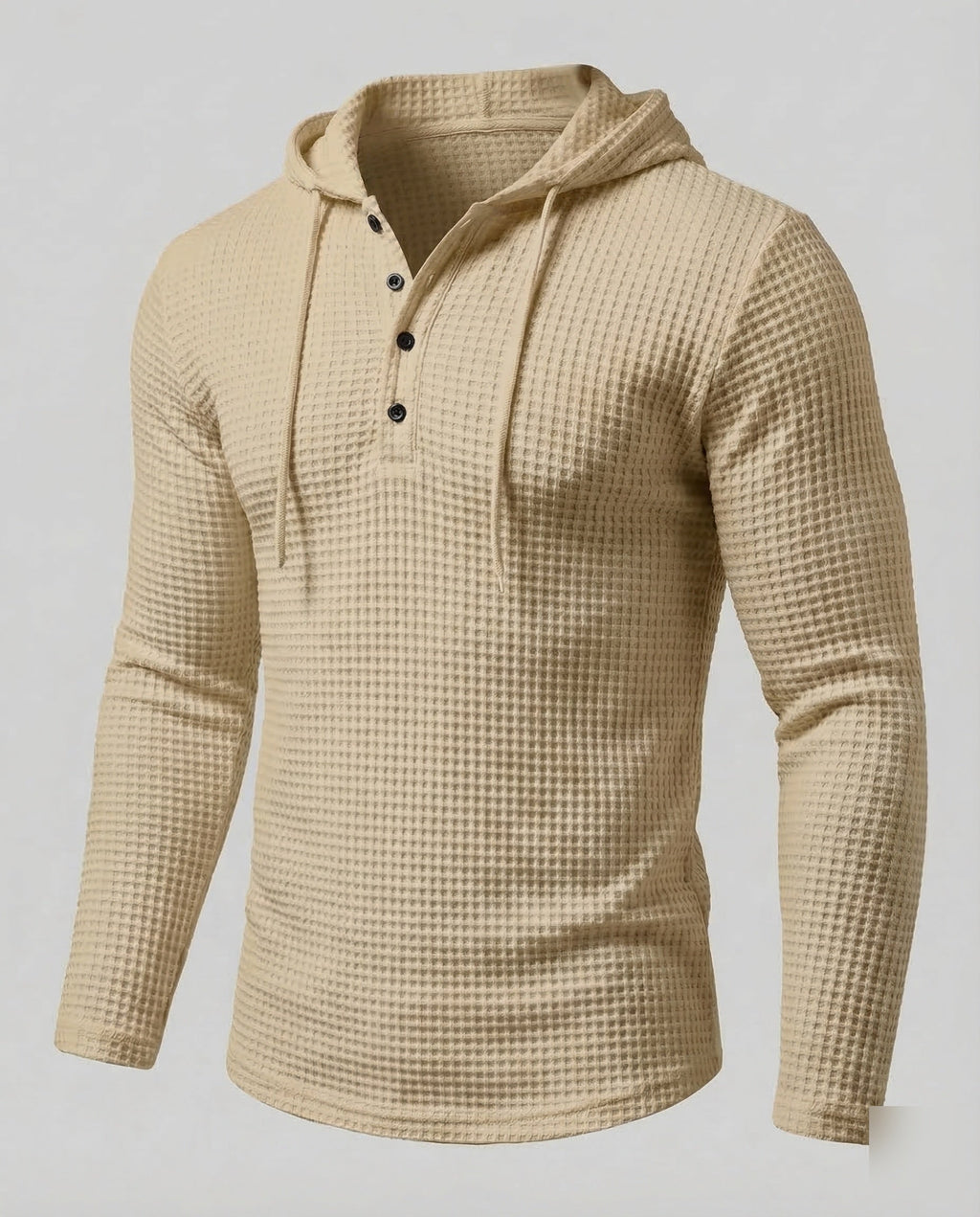 Sudadera de hombre ajustada de punto gofrado con capucha – Modelo Henley con botones y mangas largas