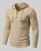 Sudadera de hombre ajustada de punto gofrado con capucha – Modelo Henley con botones y mangas largas