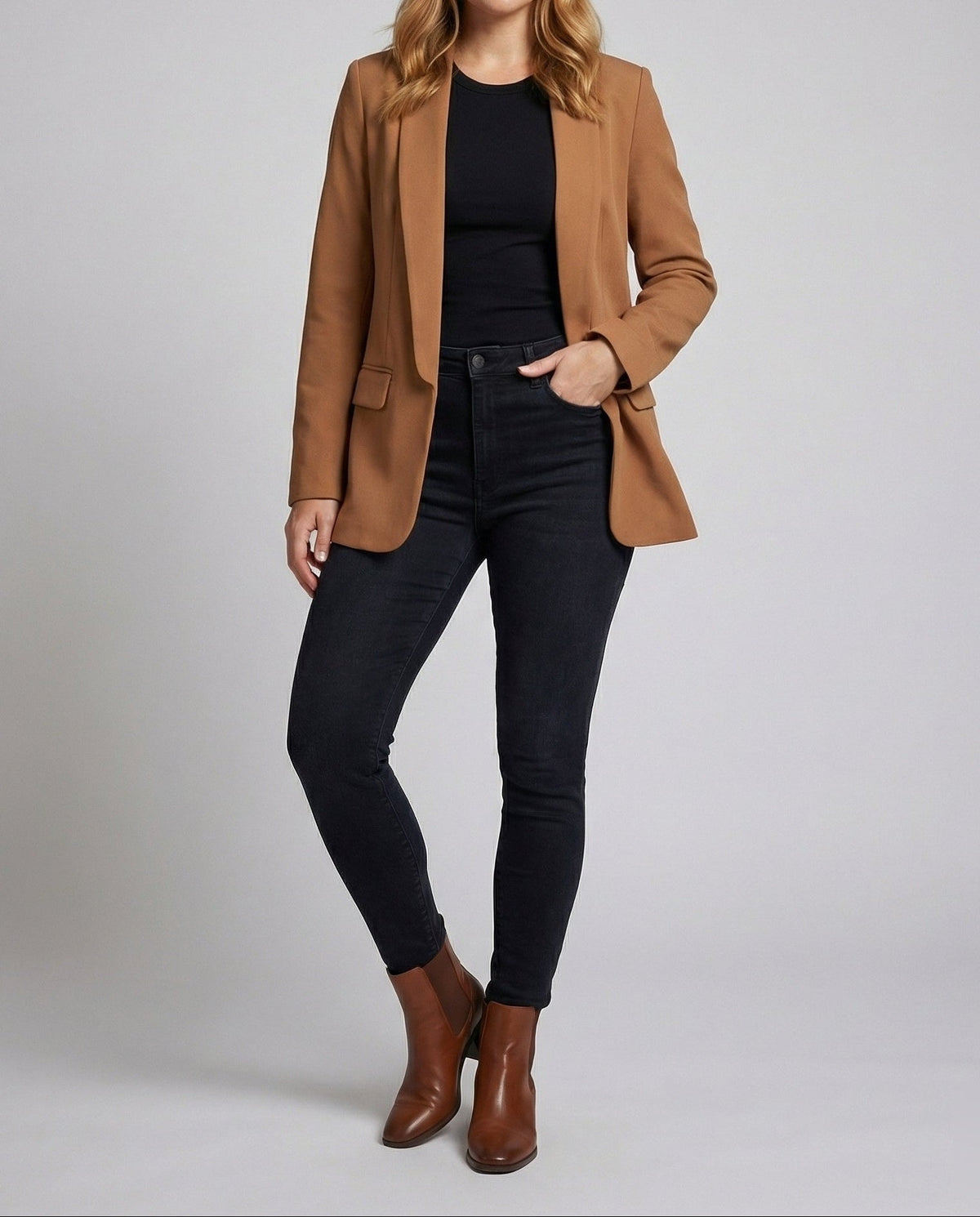 Blazer largo abierto para mujer con cuello chal – Chaqueta elegante y minimalista para la oficina y looks casuales