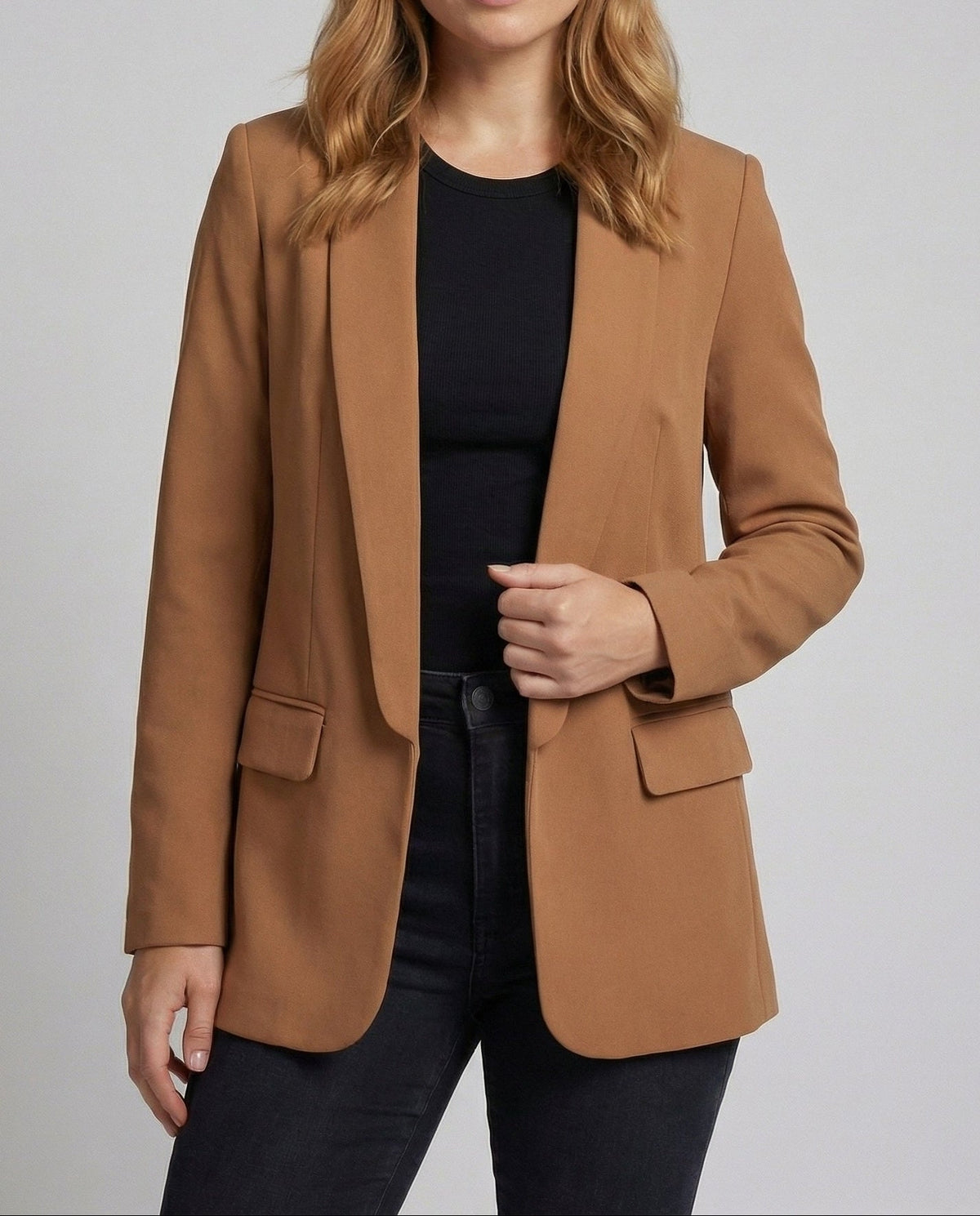 Blazer largo abierto para mujer con cuello chal – Chaqueta elegante y minimalista para la oficina y looks casuales