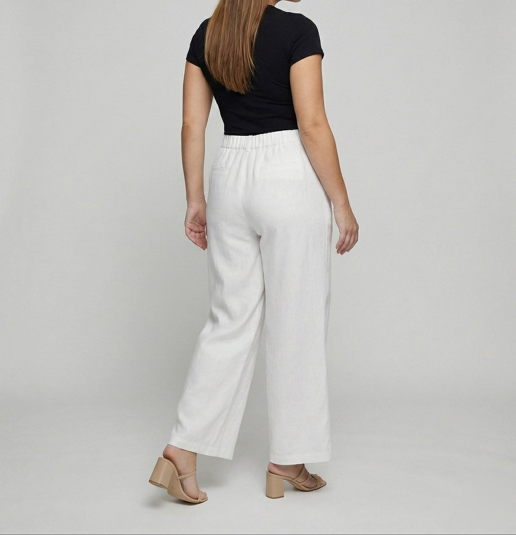 Pantaloni Eleganti Donna a Vita Alta e Gamba Larga – Modello Leggero Effetto Lino con Pieghe Frontali