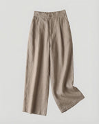 Pantaloni Eleganti Donna a Vita Alta e Gamba Larga – Modello Leggero Effetto Lino con Pieghe Frontali