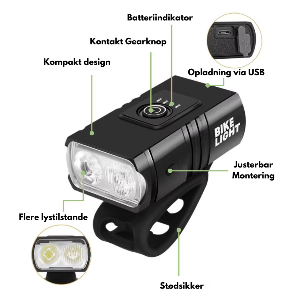 LED cykellygte - 1000 & 500 lumen - USB genopladelig