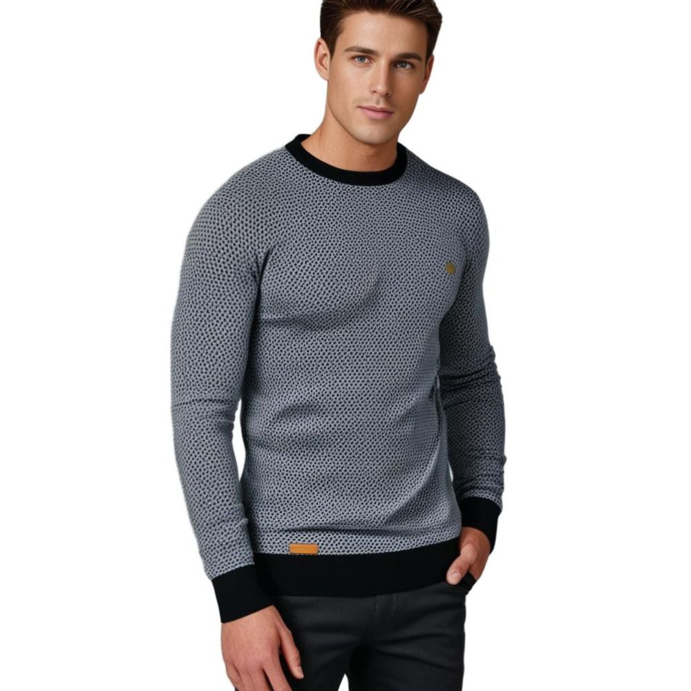 Maglione Uomo Girocollo con Fantasia Stampata e Bordi a Coste – Eleganza Casual e Comfort