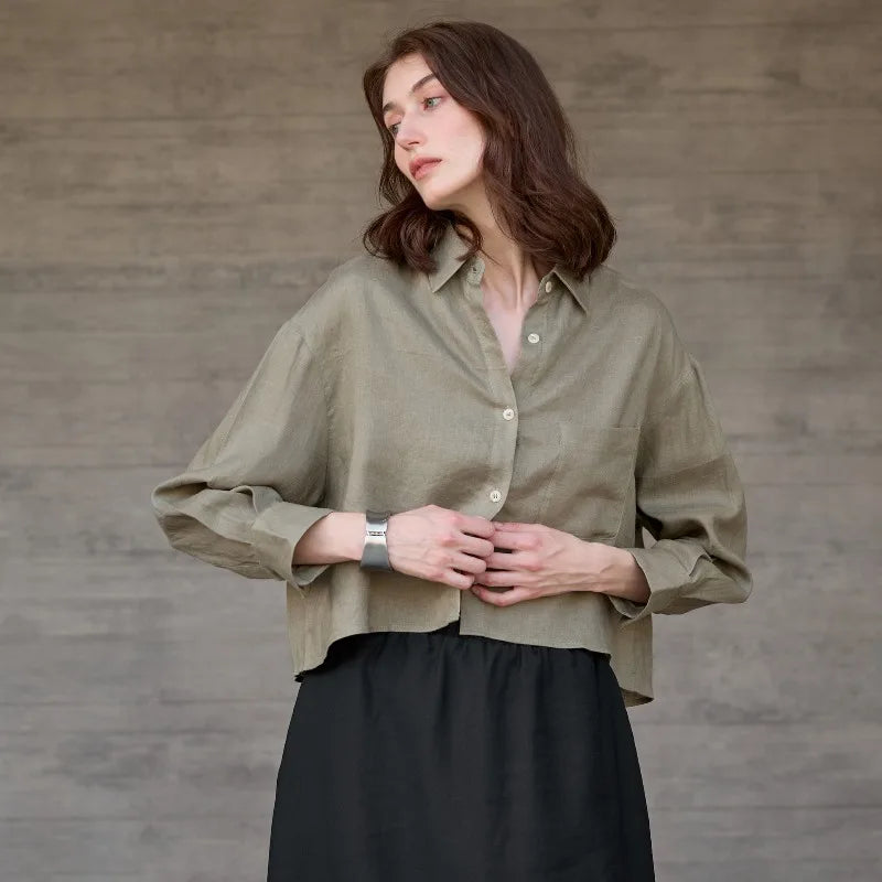 Chemise courte oversize pour femme, 100 % lin