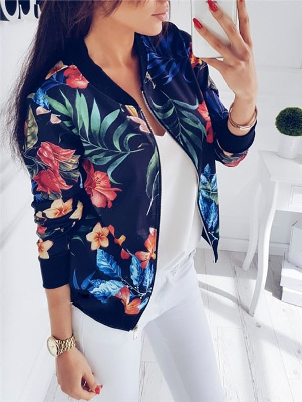 Bomber Donna Leggero con Stampa Floreale e Zip