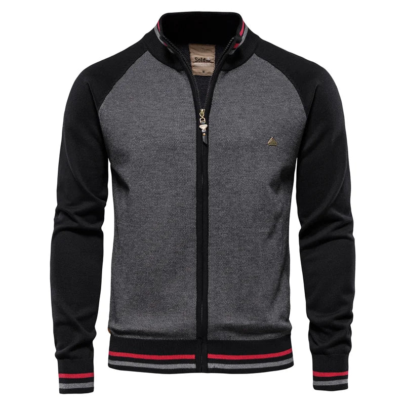 Cardigan Uomo Bicolore con Zip e Collo Alto a Coste