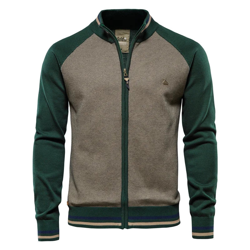 Cardigan Uomo Bicolore con Zip e Collo Alto a Coste