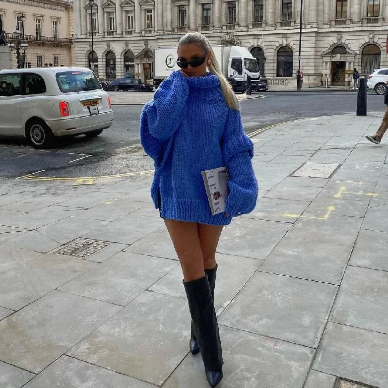 Pull oversize pour femme à col montant – pull d’hiver en grosse maille