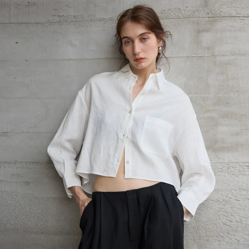 Chemise courte oversize pour femme, 100 % lin