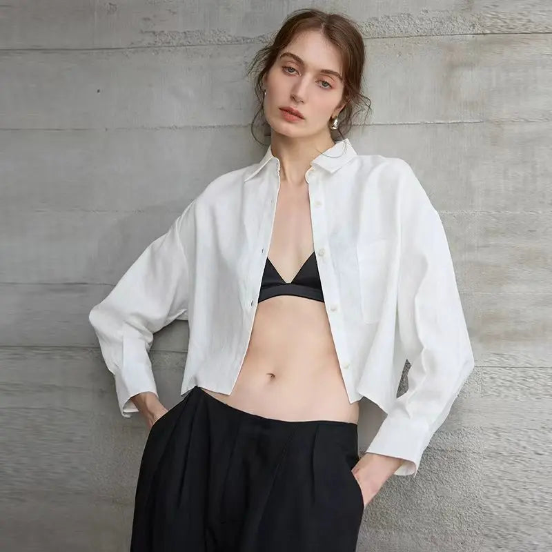 Chemise courte oversize pour femme, 100 % lin