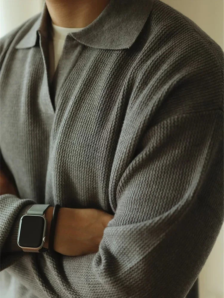 Pull à manches longues en maille pour homme, style polo – Élégant, doux et respirant