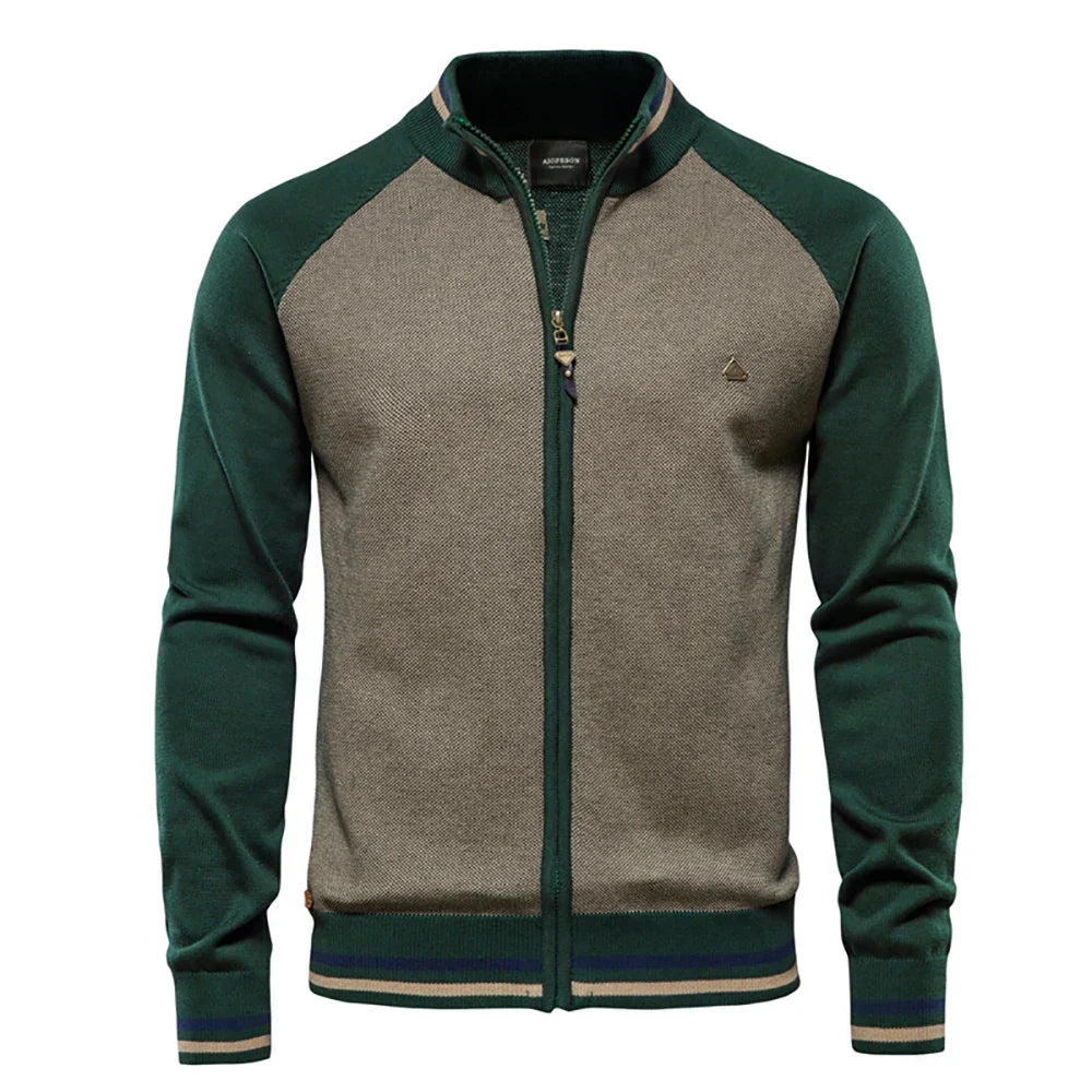 Cardigan Uomo Bicolore con Zip e Collo Alto a Coste