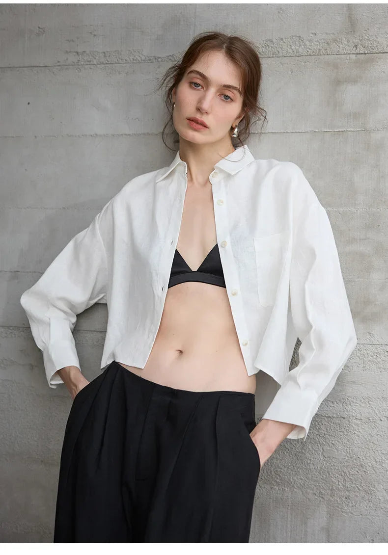 Chemise courte oversize pour femme, 100 % lin