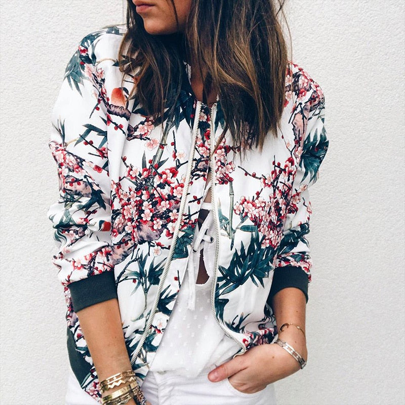Bomber Donna Leggero con Stampa Floreale e Zip