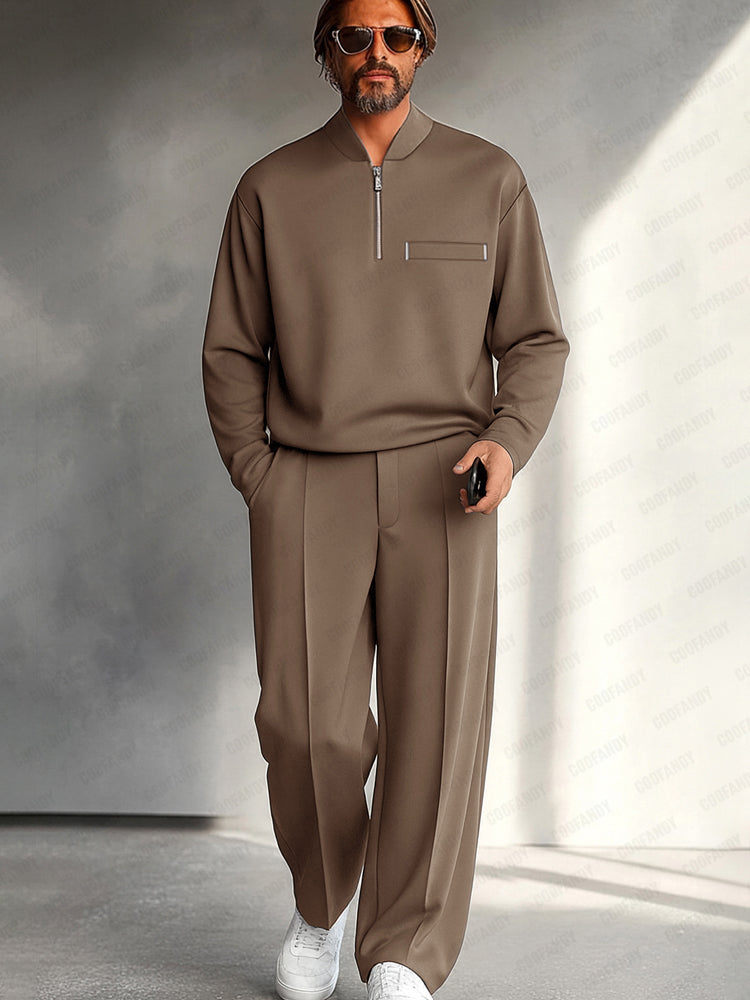 Completo Uomo Due Pezzi con Mezza Zip – Maglia a Maniche Lunghe e Pantaloni a Gamba Larga Casual Elegante
