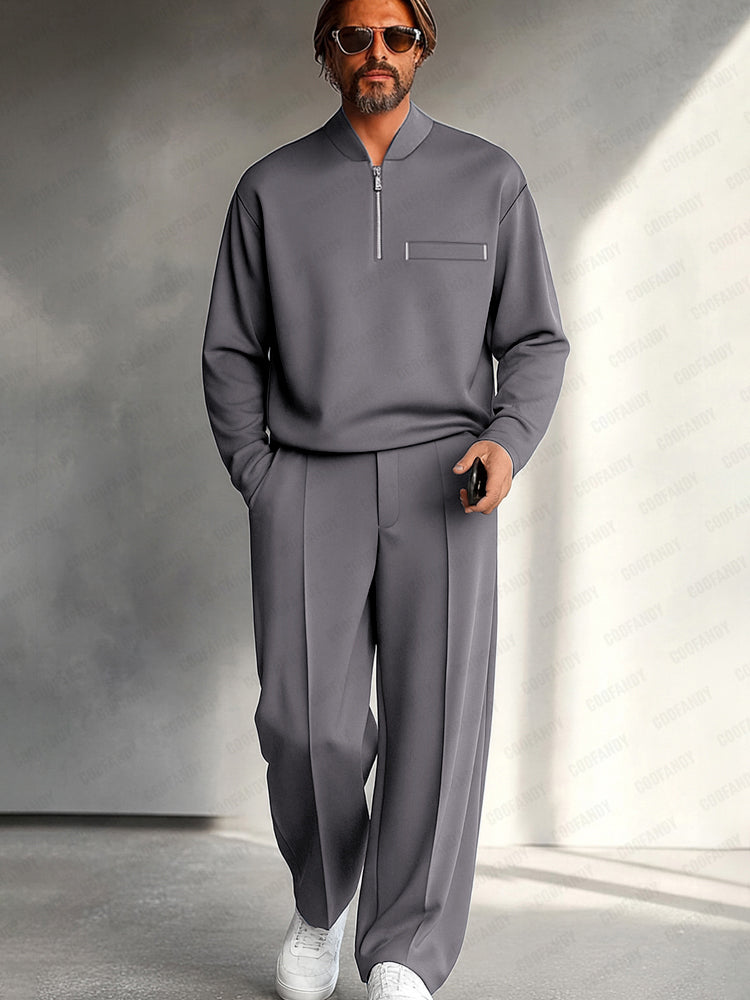 Completo Uomo Due Pezzi con Mezza Zip – Maglia a Maniche Lunghe e Pantaloni a Gamba Larga Casual Elegante