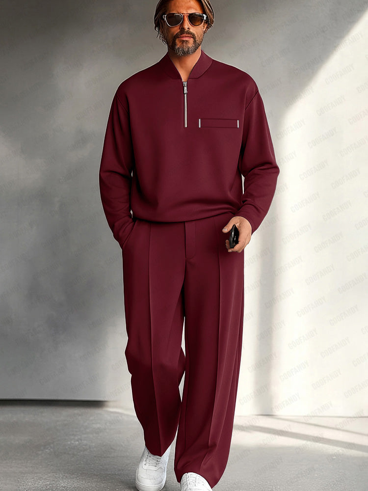 Completo Uomo Due Pezzi con Mezza Zip – Maglia a Maniche Lunghe e Pantaloni a Gamba Larga Casual Elegante