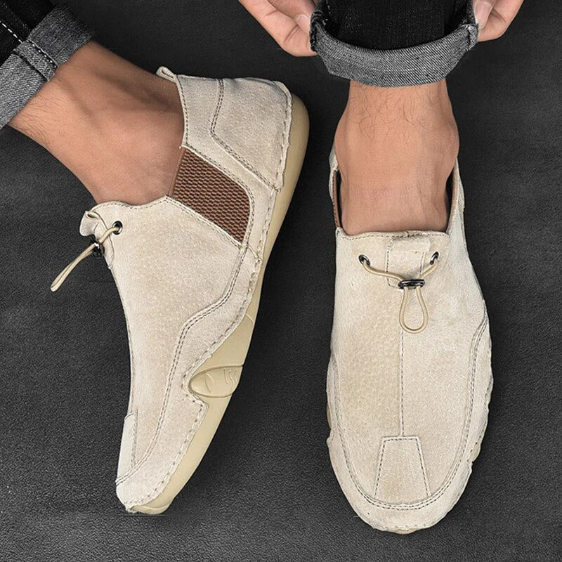 Mocassins homme en cuir véritable avec lacets de serrage – chaussures à enfiler respirantes avec empiècements en mesh