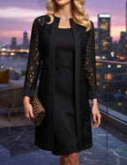 Ensemble élégant deux pièces pour femme - robe fourreau à taille tressée et long cardigan en dentelle