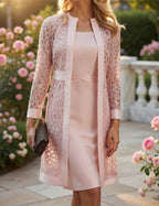 Ensemble élégant deux pièces pour femme - robe fourreau à taille tressée et long cardigan en dentelle
