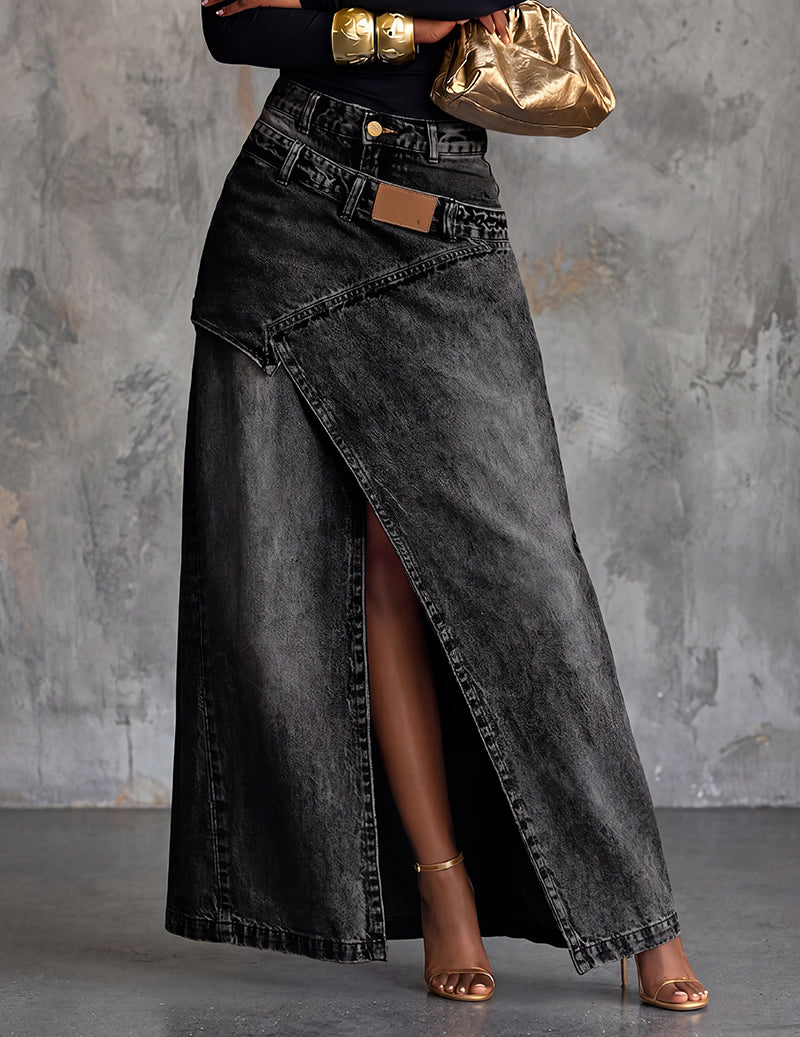 Gonna Maxi Donna in Denim Asimmetrica con Spacco Frontale