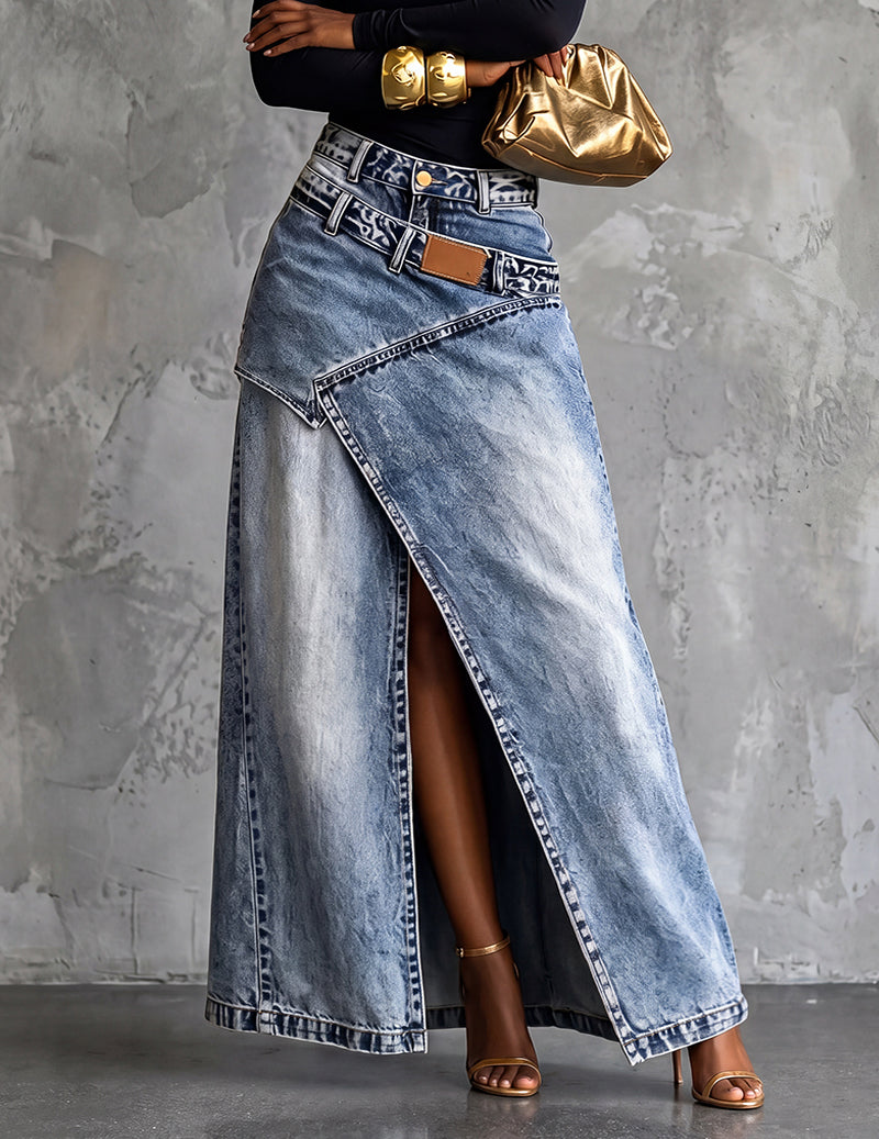Gonna Maxi Donna in Denim Asimmetrica con Spacco Frontale