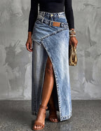 Gonna Maxi Donna in Denim Asimmetrica con Spacco Frontale